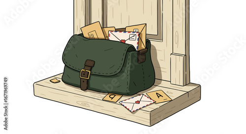 Illustrated dark green postman's satchel with a leather buckle, overflowing with mail and love letters.