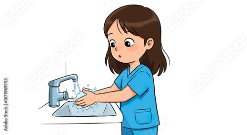 Young female nurse in blue scrubs washing her hands with soap and water at a sink, cartoon illustration.