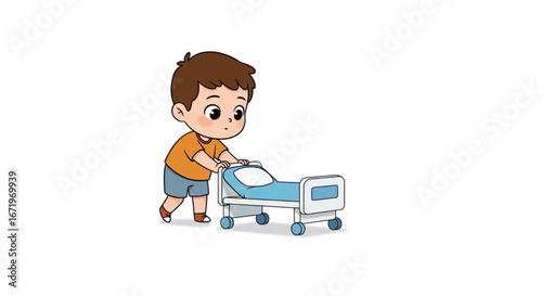Cartoon Boy Pushing a Hospital Bed, Cute Illustration