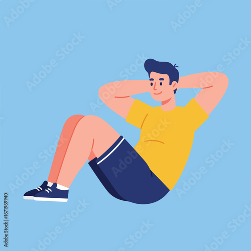 Man Doing Crunches Exercise on a Light Blue Background