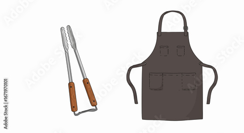 Barbecue Tongs and Dark Gray Apron with Pockets