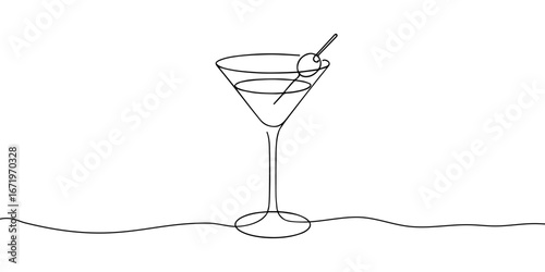 One line continuous cocktail wine glass symbol concept. Silhouette of alcoholic drink vermouth olive. Digital white single line sketch drawing vector illustration