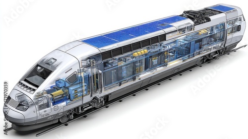 Cutaway 3D model of an electric high-speed train with solar panels, battery storage, and efficient components. White background.