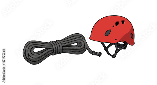 Climbing Gear: Red Helmet and Coiled Gray Rope Illustration