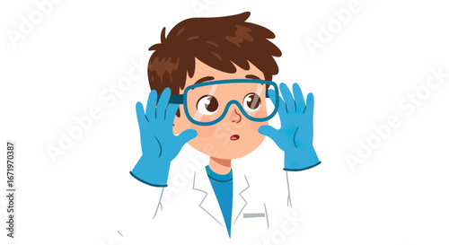 Amazed cartoon boy scientist in a lab coat adjusting his blue safety goggles.