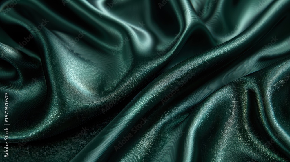 Fototapeta premium Luxurious dark green satin fabric draped elegantly, showcasing smooth texture and rich color depth