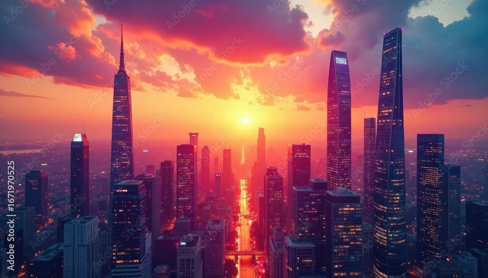 Fototapeta premium Futuristic Cityscape Sunset Gleaming Skyscrapers Reaching for a Vibrant Sky, Evoking Limitless Potential and Technological Advancement