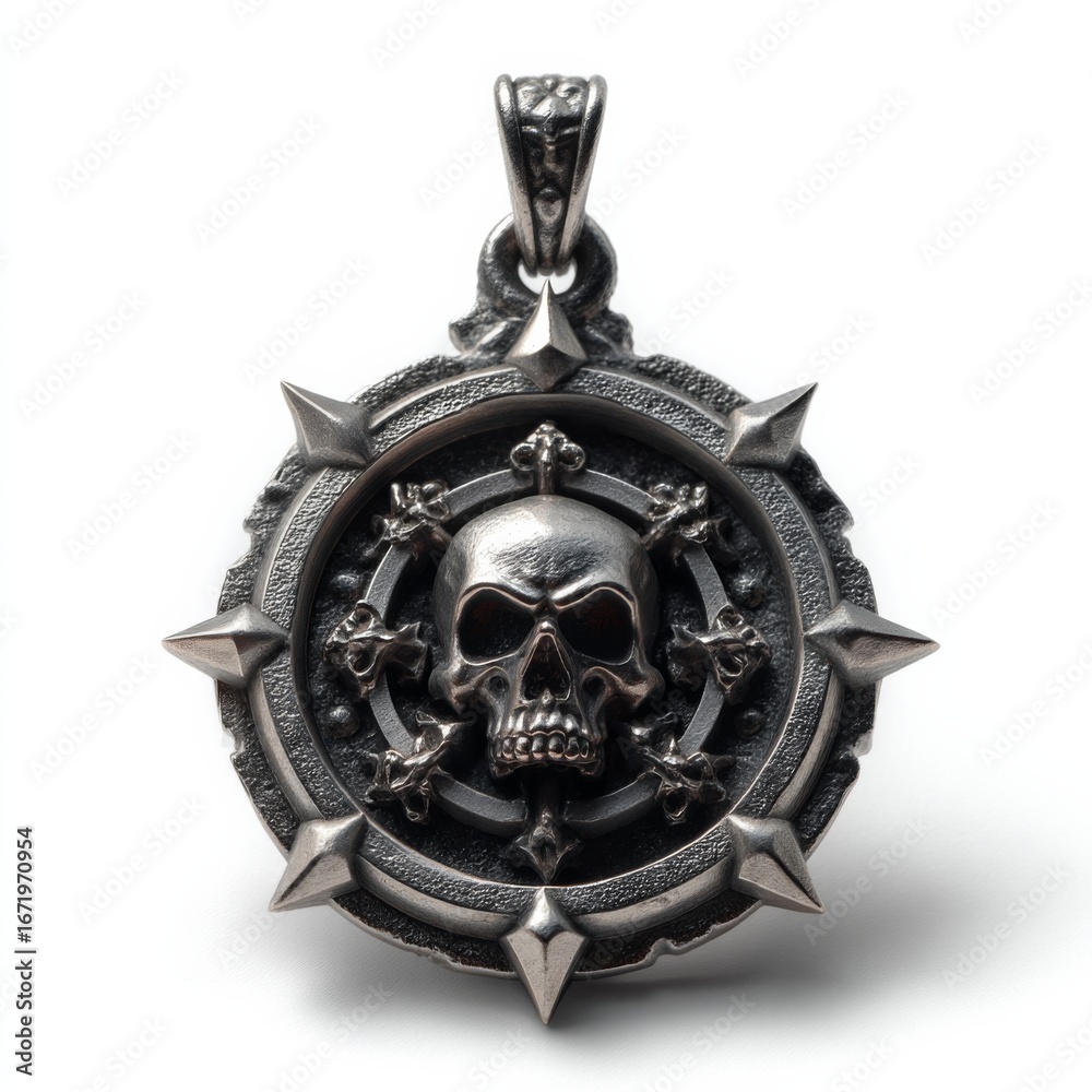 Naklejka premium Intricately Designed Silver Pendant Featuring a Skull Surrounded by Spikes and Crossbones, Perfect for Adding an Edgy Touch to Any Accessory Collection