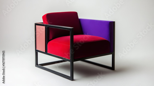 A modern chair featuring a crimson seat and violet backrest, framed in black metal. 