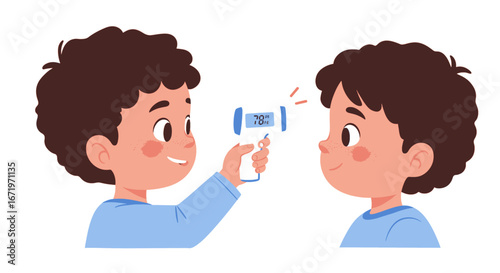 Two smiling cartoon boys with freckles checking forehead temperature using a blue infrared thermometer.