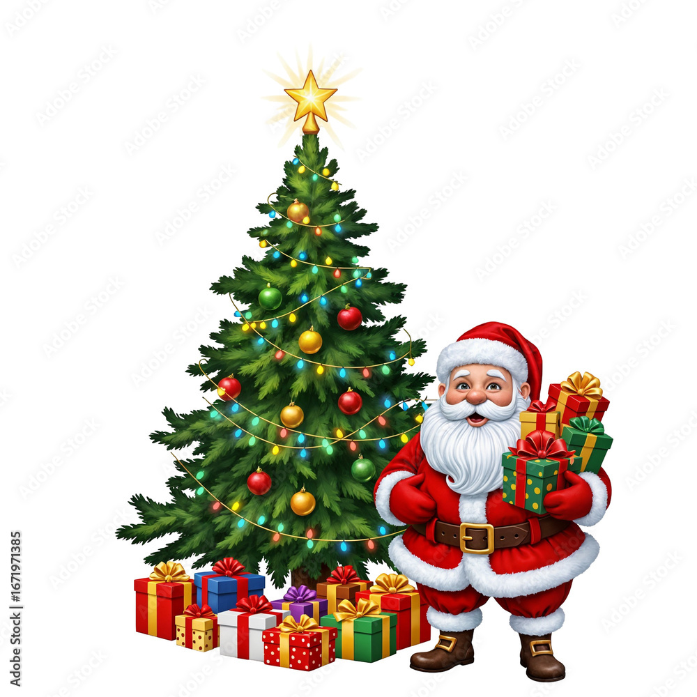 Fototapeta premium Santa with a Full Christmas Tree and Colorful Gift Presents