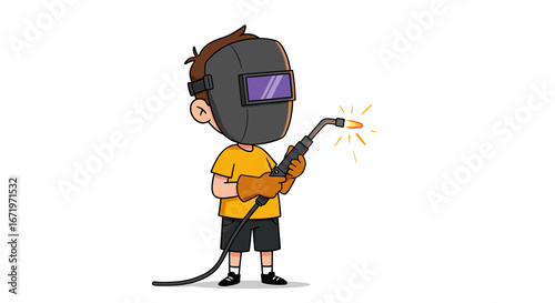 Illustrated cartoon boy wearing a welding helmet and gloves, holding a lit welding torch.