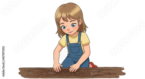 Young girl with blonde hair planting seeds in rich brown soil
