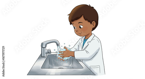 Young Boy Washing Hands with Soap in a Sink, Cartoon Illustration
