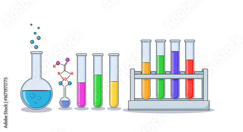 Colorful laboratory glassware and chemical structures, featuring flasks, test tubes with vibrant liquids, and molecular diagrams.
