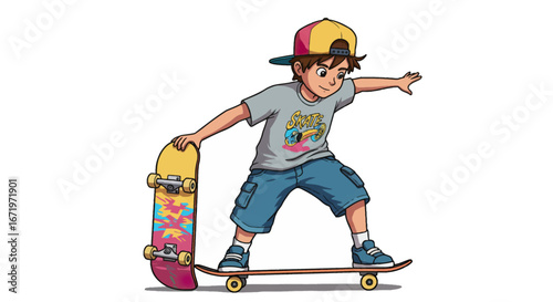 Cartoon skater boy with a backwards cap and colorful skateboards in a dynamic pose.