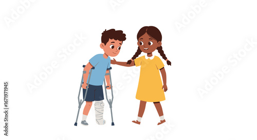 A compassionate girl with braided hair comforts a boy with a broken leg in a cast using crutches.