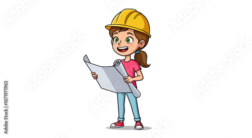 Happy cartoon girl in a yellow hard hat, pink shirt, and jeans, holding a large blueprint.