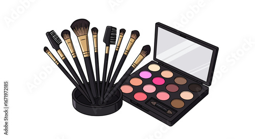 Makeup Brushes and Palette with Mirror, Isolated on White Background