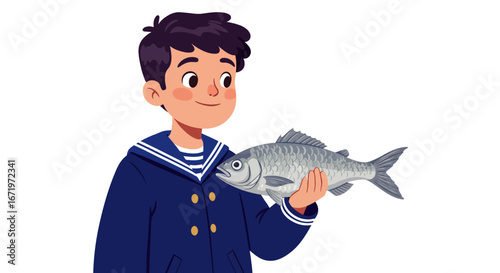Happy cartoon boy in a blue sailor uniform with gold buttons holding a large grey fish.