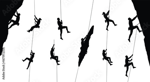 Silhouettes of rock climbing and rappelling poses, nine variations, rope techniques, harness safety, vertical wall climbing, outdoor adventure, mountain sport illustration