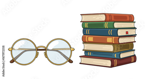 Round Gold-Rimmed Eyeglasses Beside Stack of Colorful Hardcover Books