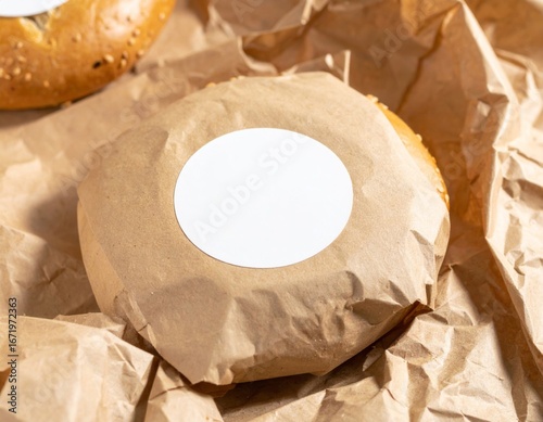 Close-Up of Bagel Wrapped in Brown Paper with White Circular Sticker with Top-Down Perspective