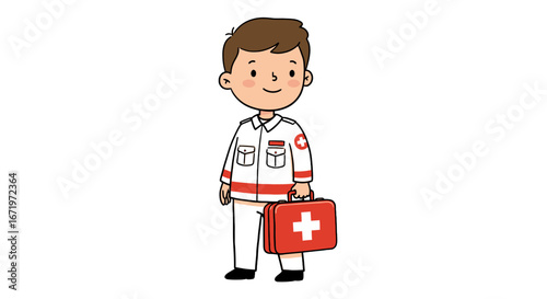 Cartoon Medic Character Holding a Red First Aid Kit