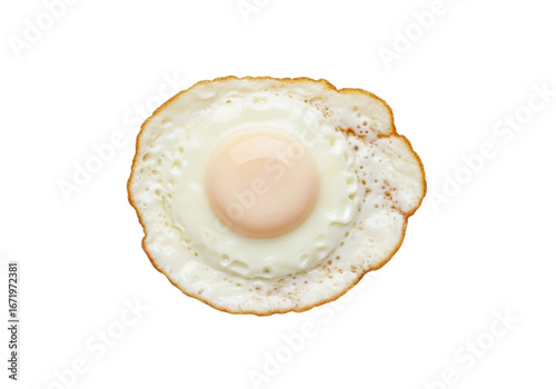 Photorealistic single fried egg, over-easy, soft pale yellow yolk, rippled albumen, buttery sheen, against transparent background with copy space, homemade comfort food concept