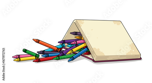 Vibrant crayons spilling from an open, tent-shaped book, a playful cartoon illustration.