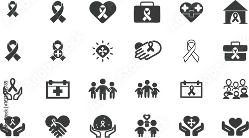 Awareness Ribbon Icons Set – Charity, Healthcare, Support, Family Care, Medical Help, Fundraising, Social Welfare, Community Aid Vector Pack