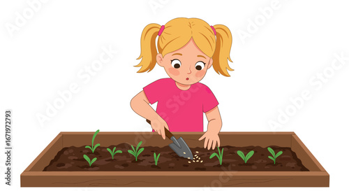 Cute blonde girl with pigtails and a surprised expression planting seeds in a raised garden bed.