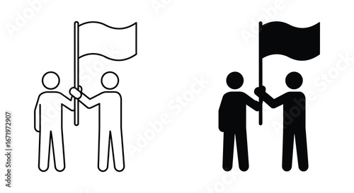 Stick figures holding flags in black and white