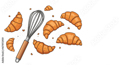 Scattered golden brown croissants and a wire whisk with a wooden handle.