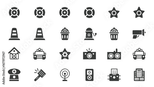 Emergency Service Icons Set – Police Badge, Fire Hydrant, Traffic Cone, Lifebuoy, Security Camera, Safety Alert, Rescue and Protection Vector