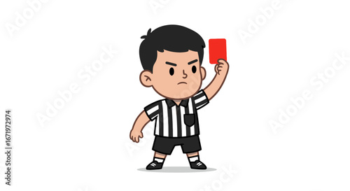 Angry cartoon football referee in a striped uniform holding up a red penalty card.