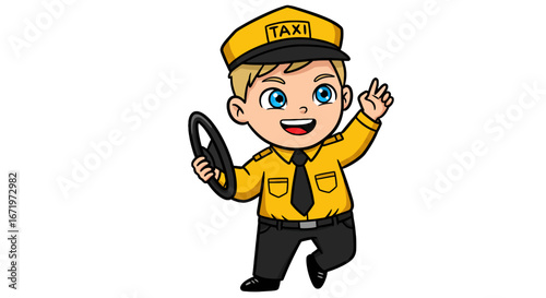 Cartoon Taxi Driver Boy with Steering Wheel and Yellow Uniform