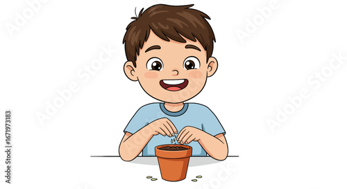 Cheerful young boy planting seeds in a terracotta pot with enthusiasm