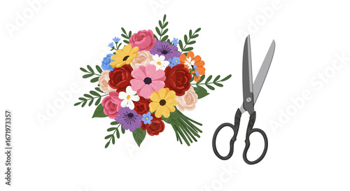 A vibrant, multi-colored flower bouquet illustration with a pair of black scissors.