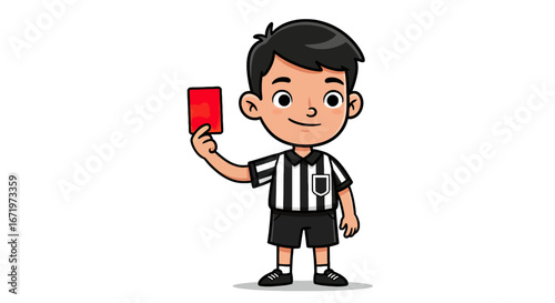 Cartoon Soccer Referee Holding Up a Red Card in a Game