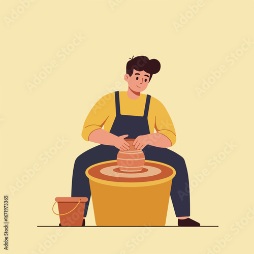 Craftsman Shaping Clay on Pottery Wheel in Studio
