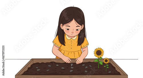 Young girl in a yellow dress carefully planting sunflower seeds in a wooden planter box.