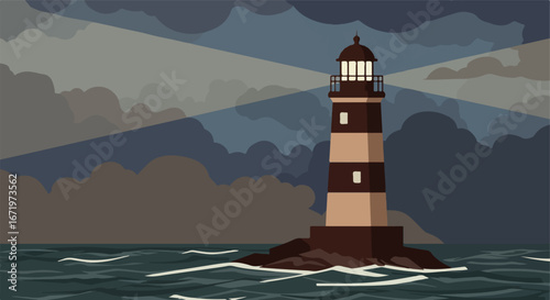 Lighthouse Shining Guidance on Rocky Coast Under Stormy Clouds Illustration