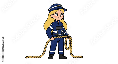 Cartoon Female Sailor in Blue Uniform Holding Thick Rope