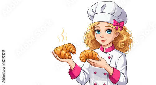 Charming blonde pastry chef with blue eyes holding fresh, steaming croissants.