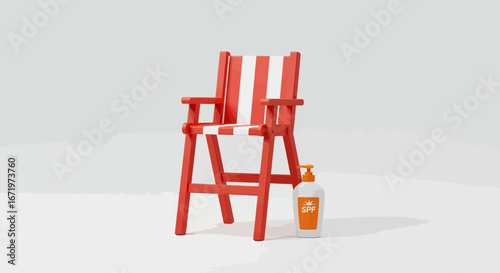 Red and white striped lifeguard chair with sunscreen bottle, summer beach safety illustration.