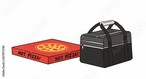 Cartoon red pizza box with "HOT PIZZA!" text and a black insulated food delivery bag