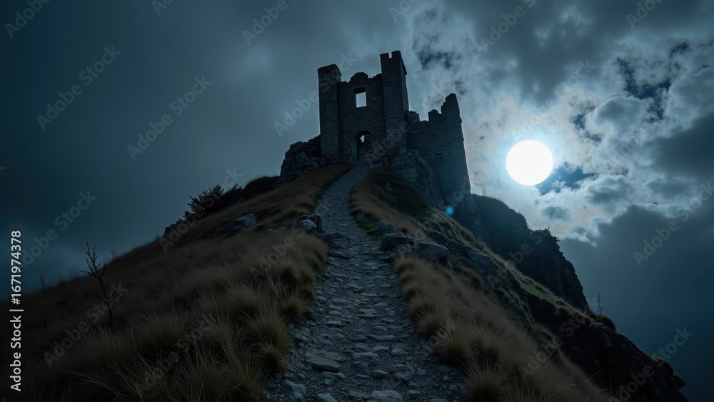 Fototapeta premium Ancient castle ruins on hill under dramatic sky, illuminated by full moon, creating mysterious atmosphere