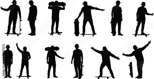 Skateboarding silhouettes, standing poses, holding skateboard, extreme sport, urban style, freestyle stance, casual clothing, athlete posture, dynamic action, skate culture