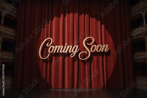 Dramatic theatrical stage with rich red velvet curtains and elegant 